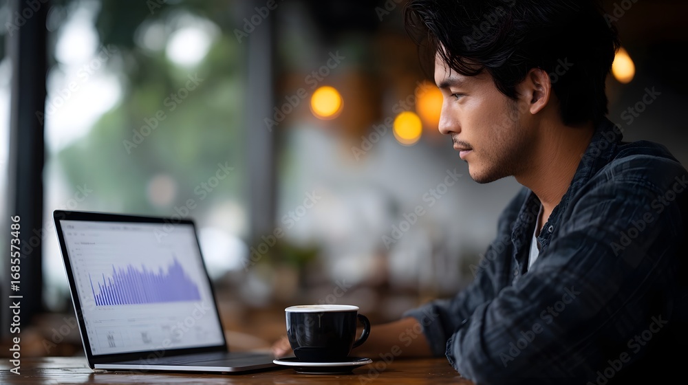 Poster focused man intently analyzing business data and charts on a laptop in a modern coffee shop setting 