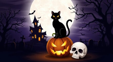 Spooky halloween night with a black cat on a pumpkin, haunted house, and graveyard under a full moon