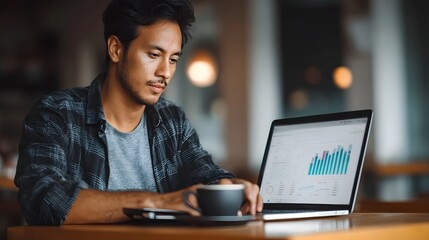 Focused man reviewing business data and analytics on his laptop while enjoying coffee in a modern cafe setting