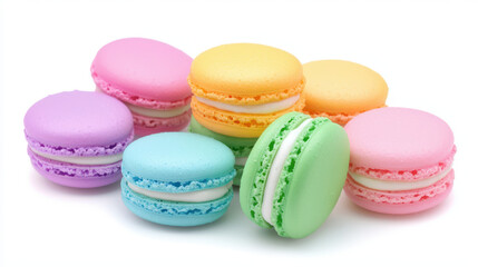 Obraz premium Delightful pastel macarons in various colors, including pink, purple, yellow, green, and blue, arranged beautifully