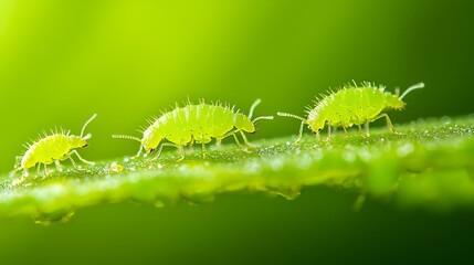Fototapeta premium Tiny green aphids marching in a line on a leaf