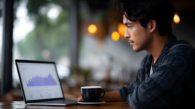 Focused man intently analyzing business data and charts on a laptop in a modern coffee shop setting while enjoying a cup of coffee
