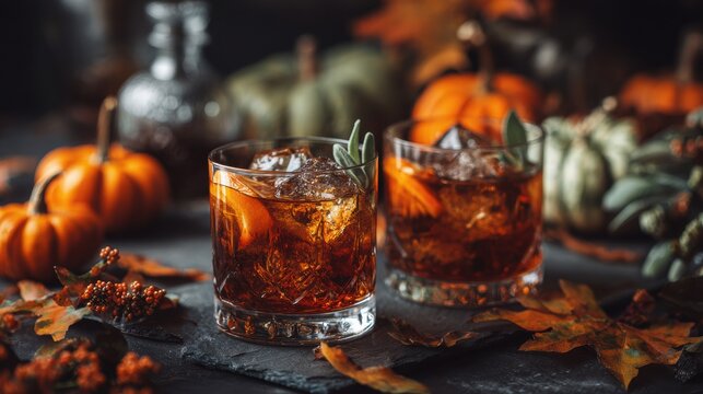 Two glasses of rich brown cocktails sit on a dark surface, surrounded by autumn leaves and pumpkins, creating a cozy fall atmosphere.