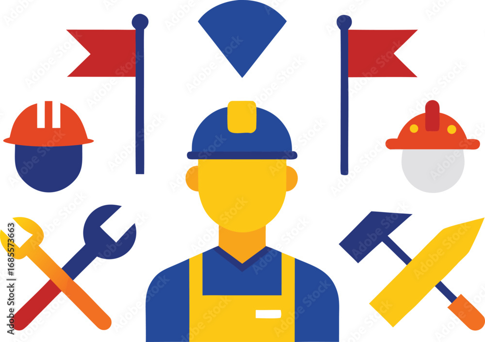 Poster vector labor day icons collection workers tools flags scalable eps for general use