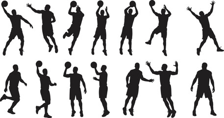 Silhouette vector illustration of basketball players in dynamic action poses, dribbling, jumping, shooting, slam dunk, sports training, fitness, competition, active lifestyle, team play