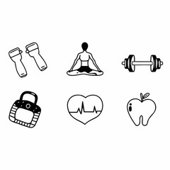 Illustration of fitness and wellness icons, including dumbbells, yoga, heart, and apple