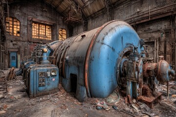A dilapidated industrial machine in a decaying factory.