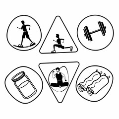 Illustration of various fitness activities and equipment, including running and weights
