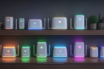 Modern wireless routers with vibrant LED lights illuminate shelves, showcasing connectivity and smart home tech.