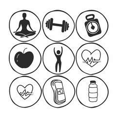 Collection of health and fitness icons hand drawn vector illustration