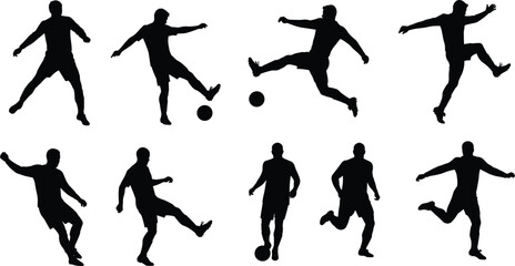 Silhouette vector illustration of soccer players kicking ball, running, jumping, dribbling, football athlete action poses, dynamic sports design, competition, active lifestyle, exercise movement