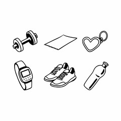 Fitness and workout gear, including dumbbell, towel, heart, watch, sneakers, and bottle