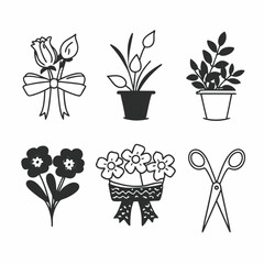 Hand drawn floral arrangement with bouquets, potted plants, and scissors