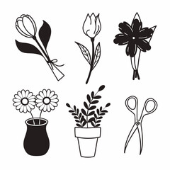 Hand drawn floral arrangement with bouquets, potted plants, and scissors