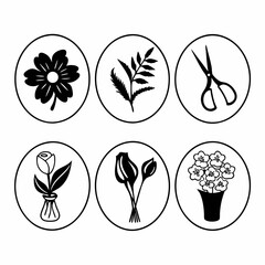 Collection of floral icons featuring flowers, plants, and scissors
