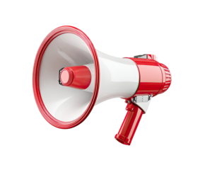 A red and white megaphone angled to the right, showing a large, rounded cone-shaped speaker, a handle, and a small knob