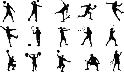 Silhouette vector illustration of athletes playing basketball, tennis, weightlifting, skateboarding, juggling, sports activity, fitness training, competition, active lifestyle, exercise movement