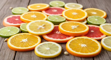 Fresh Citrus Fruit Slices of Orange, Lemon, Lime, and Grapefruit on Wooden Background, Vibrant Healthy Food for Refreshing Nutrition