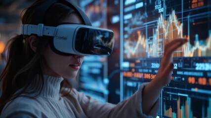 Woman using virtual reality headset for immersive financial data analysis, interacting with futuristic graphical interface. 4k video - Powered by Adobe
