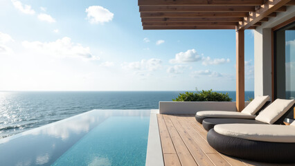 Fototapeta premium Luxurious ocean view with infinity pool, modern architecture, and comfortable lounge chairs create serene atmosphere