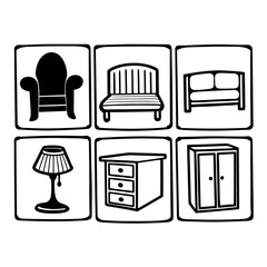 Illustration of furniture icons including chairs, sofas, lamps, tables, and wardrobes