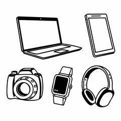 Illustration of laptop, tablet, camera, watch, and headphones
