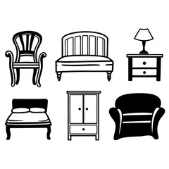 Illustration of various furniture pieces including chairs, sofas, beds, and a wardrobe