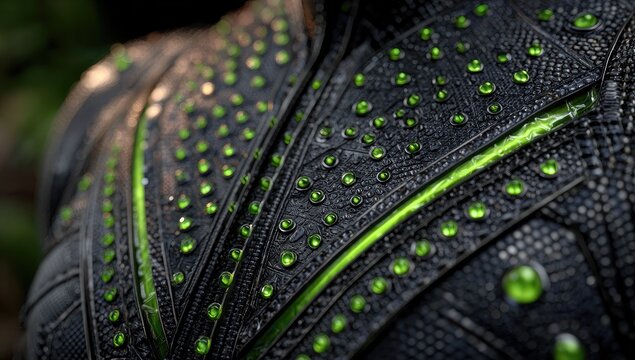 Close-up of dark, textured armor with vibrant green accents