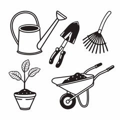 Hand drawn gardening tools, including watering can, shovel, rake, plant, and wheelbarrow