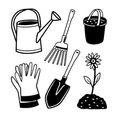 Hand drawn gardening tools, including watering can, rake, bucket, gloves, and flower