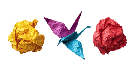 Crumpled paper and origami crane