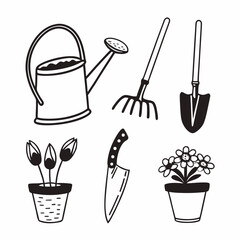 Black and white vector illustration of gardening tools, including watering can