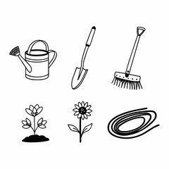 Illustration of gardening tools and plants, including watering can, shovel, broom, and flowers