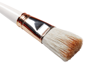 Close-up of a paintbrush, white handle, metallic ferrule, and natural bristle