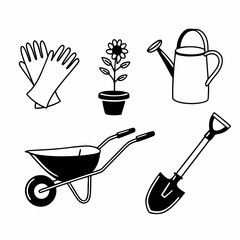 Gardening tools set, including gloves, flower, watering can, wheelbarrow, and shovel