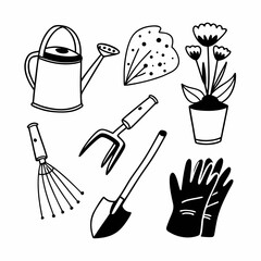 Illustration of gardening tools and plants, including watering can, gloves, shovel, rake