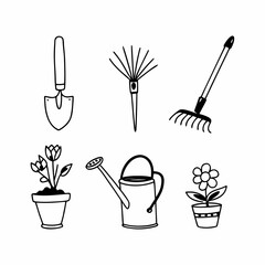 Illustration of gardening tools and potted plants, including shovel, rake, watering can