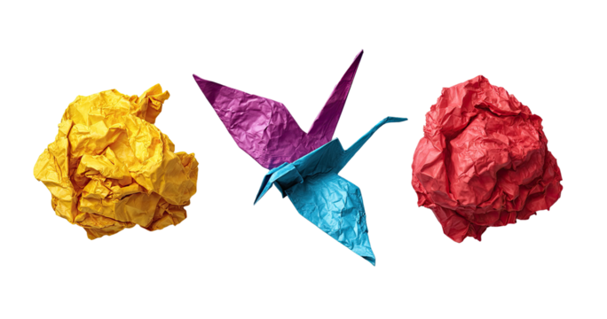 Crumpled paper and origami crane