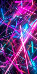 Abstract futuristic background with vibrant pink and blue glowing neon light trails, evoking a chaotic cityscape at night