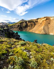 Turquoise lake nestled in volcanic landscape