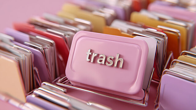 Pastel Archive Focus, A Pink Folder with Gleaming Chrome 'Trash' Lettering.