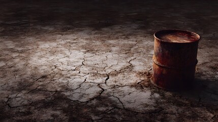 Fototapeta premium A rusty industrial barrel stands on dry cracked earth under dim lighting symbolizing environmental degradation and resource challenges