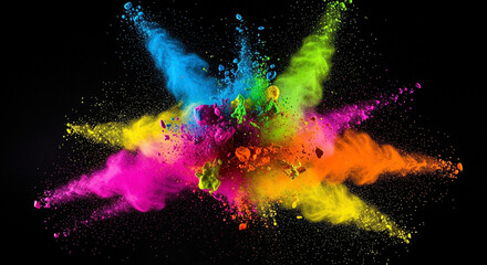 Colorful powder explosion with vibrant neon shades on black background, abstract art concept of creativity, festival, and dynamic energy splash