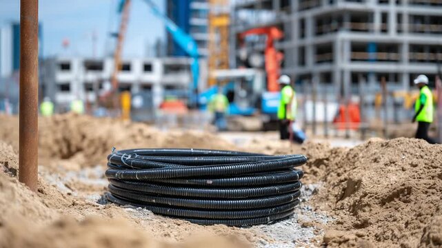 Close-up of a black plastic pipe coiled on sandy soil with construction elements in the background.