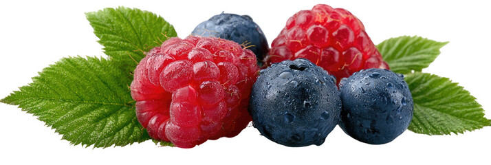 Fresh raspberries and blueberries with leaves (1)