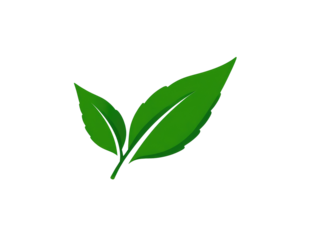 Two stylized green leaves, slightly overlapping, on a black background.  Simple, vibrant green.  Leaf shapes are slightly ovate, with a textured, slightly ribbed surface