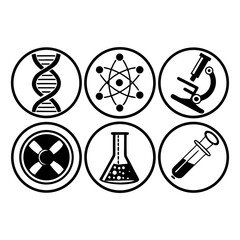 Science and technology icons featuring dna, atom, microscope, flask, syringe, and radiation
