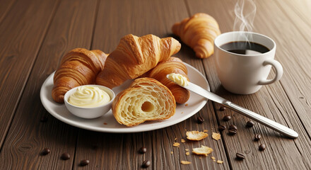 Fresh croissants with butter and hot coffee on wooden table, delicious breakfast pastry with flaky layers, morning meal, and bakery concept