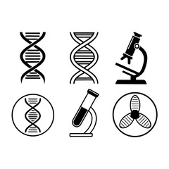 Set of science icons representing dna helix, microscope, test tube, and propeller