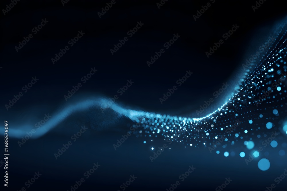 Poster abstract digital background with a wave of dots and lines in a dark blue-green color, suitable for a